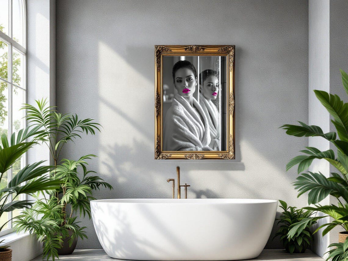 Woman in a Bathrobe With Bold Pink Lips in a Steamy Mirror Poster - Image 3