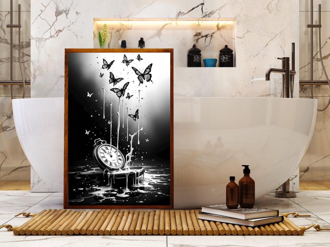 Surreal Melting Clock With Butterflies Art Print Black And White Artwork Dreamlike Wall Art Modern Home Decor Unique Gift - Image 4