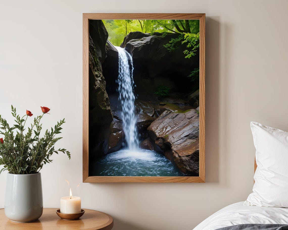 Forest Waterfall Cascading Between Dark Rocks into a Pool Poster