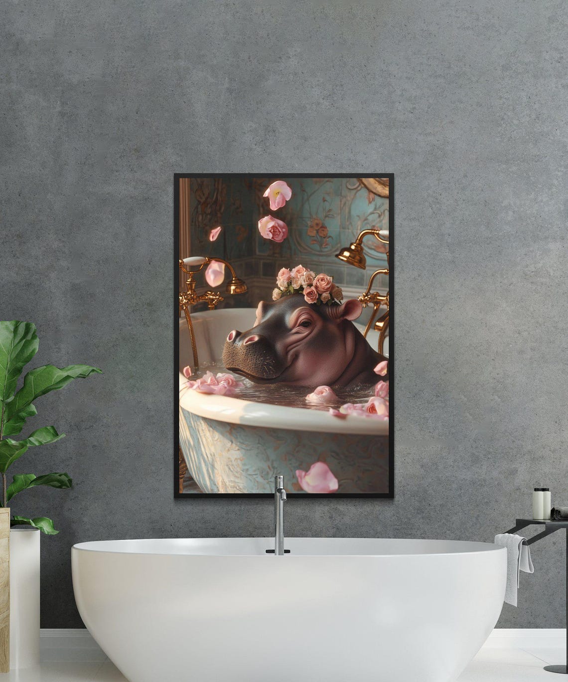 Hippo in Bathtub With Flower Crown and Rose Petals Art Poster - Image 2