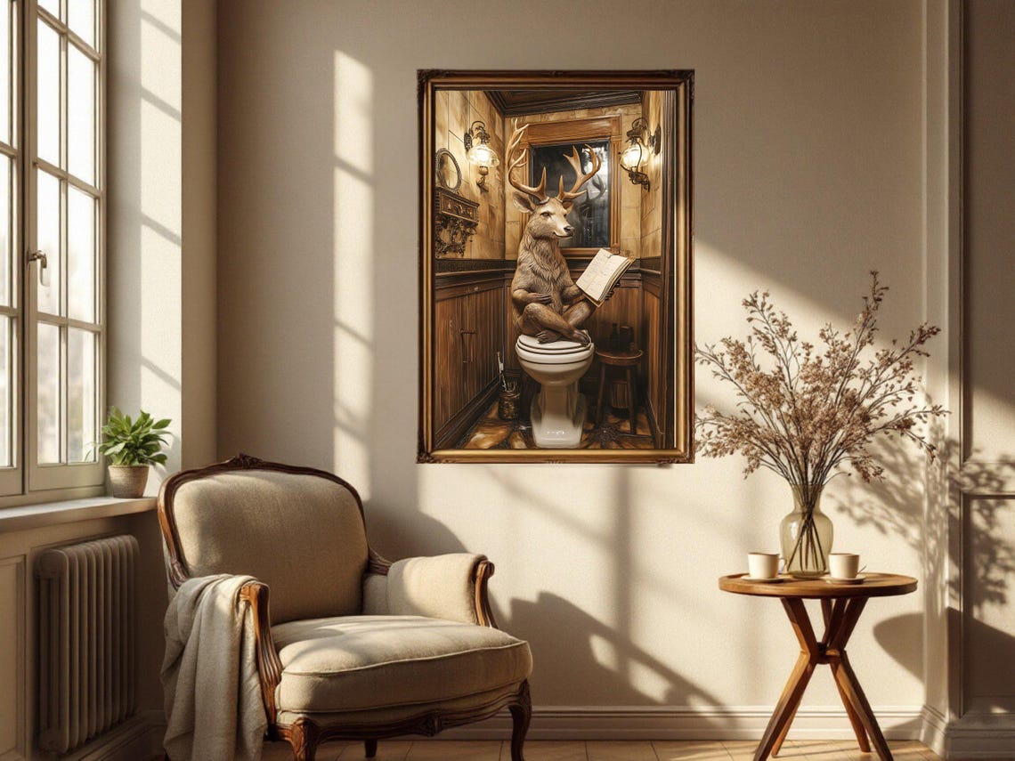 Stag Deer Reading a Book While Sitting on a Vintage Toilet Poster - Image 4