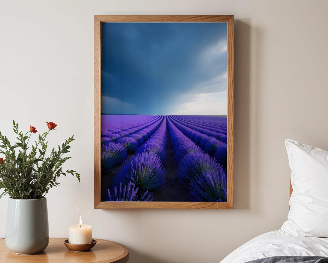 Endless Lavender Field Rows Under a Dramatic Stormy Sky Poster