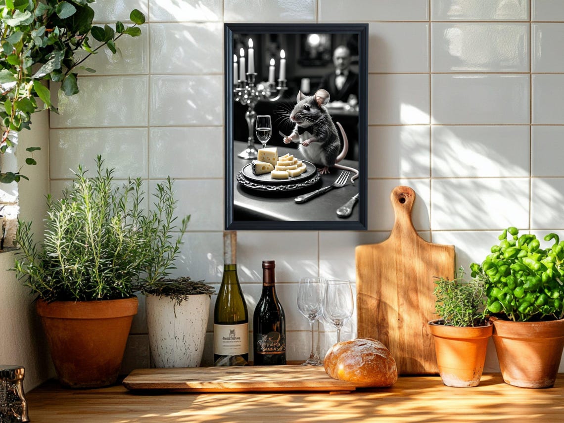 Mouse Dining at a Candlelit Restaurant Funny Animal Wall Art - Image 2