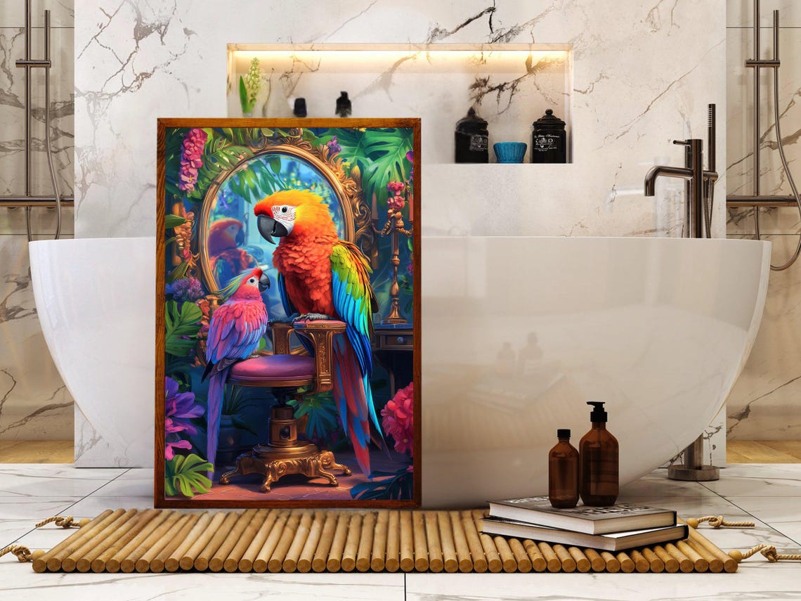 Two Colorful Parrots by an Ornate Mirror Tropical Decor Print - Image 5