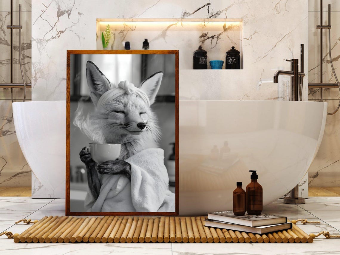 Relaxed Fox Wrapped in a Towel Savoring a Steaming Cup Poster - Image 5