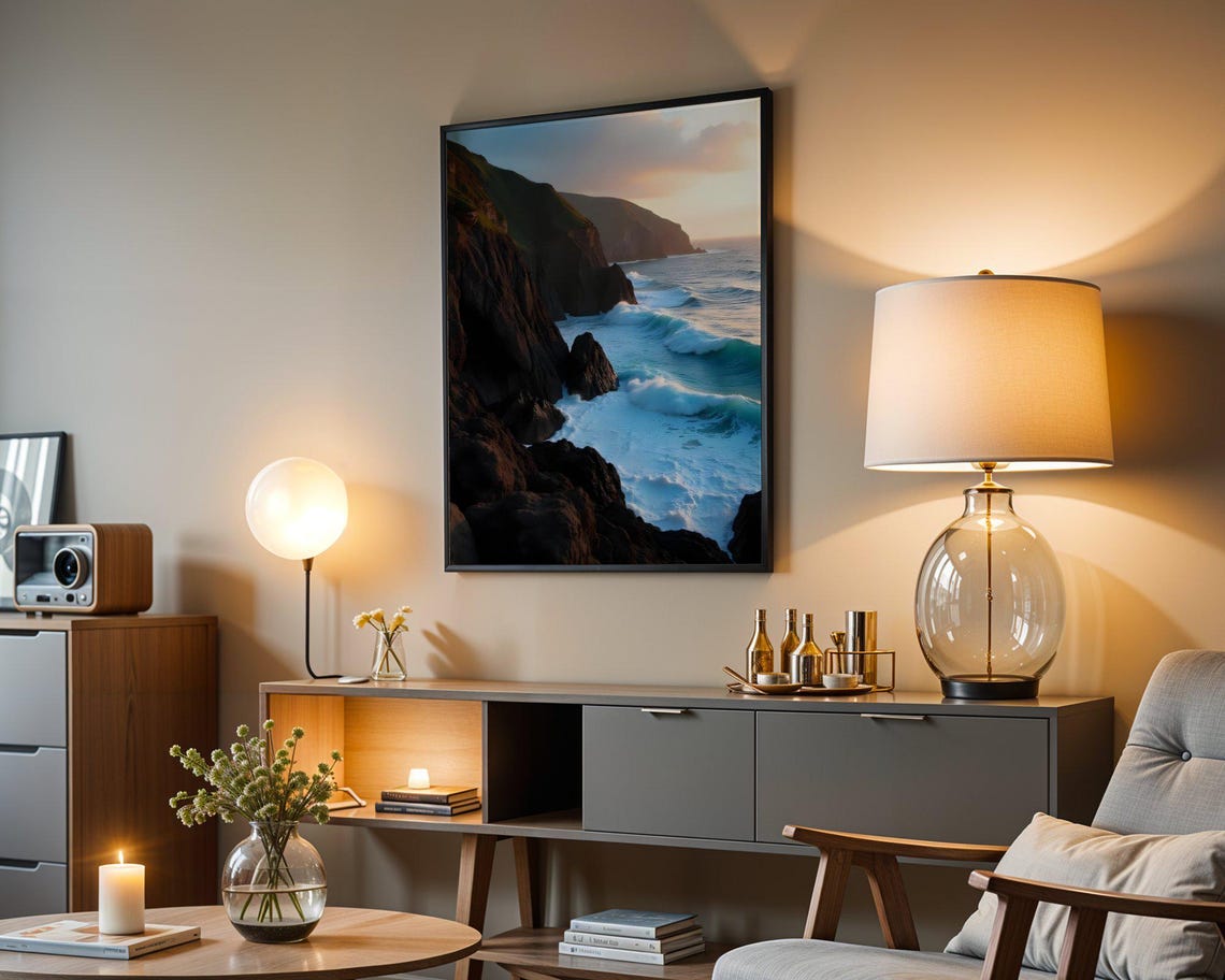 Dramatic Dark Rocky Ocean Cliffs at Sunset With Teal Waves Poster - Image 5