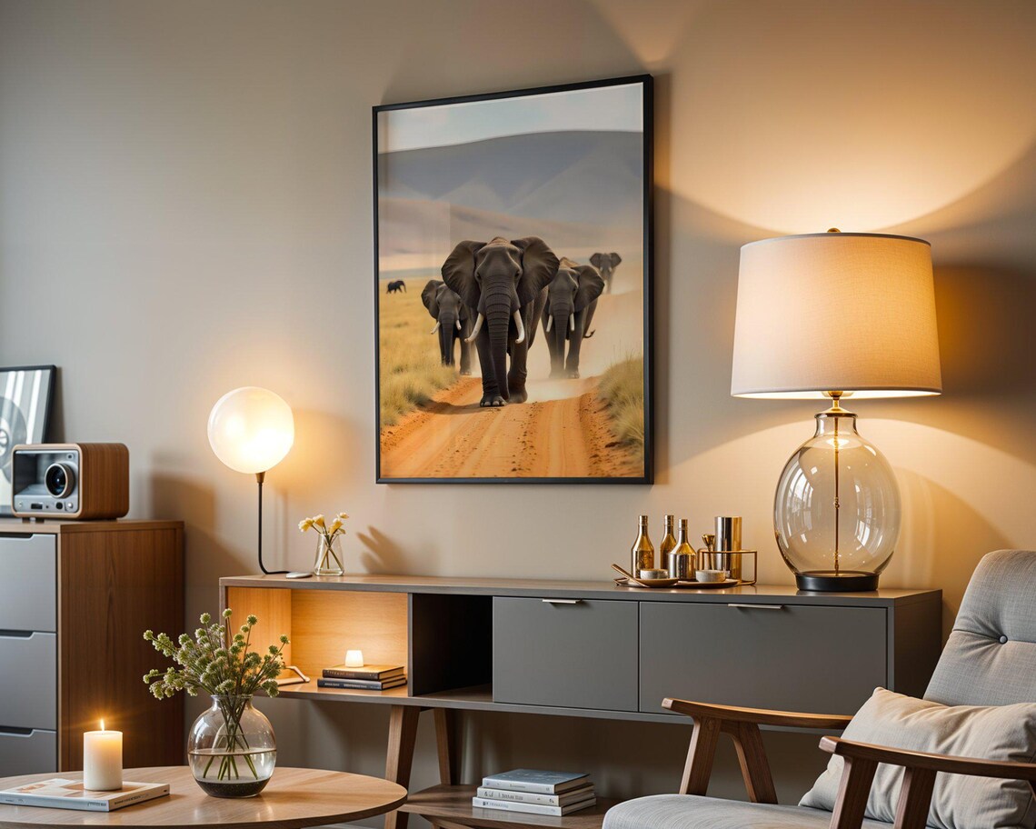 Elephant Herd Walking On A Dusty Savanna Road Under Morning Light Poster - Image 5