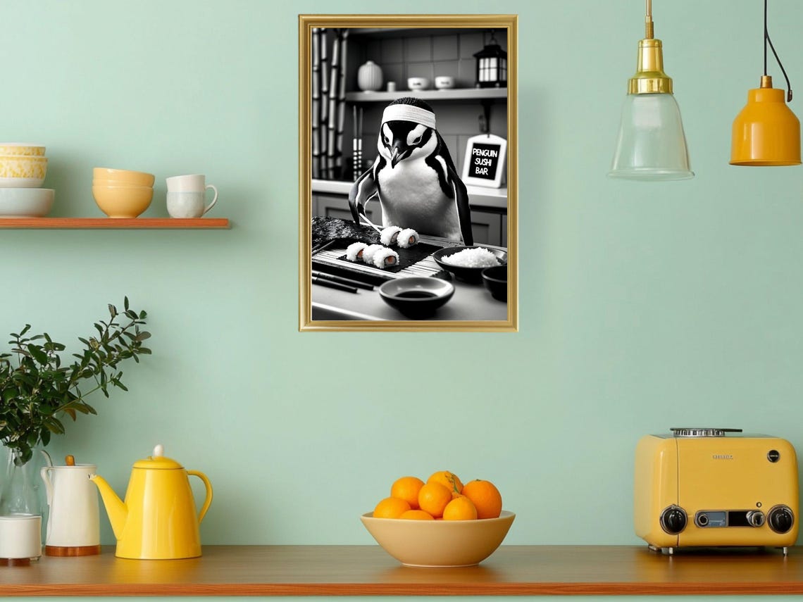 Funny Penguin Sushi Bar Chef Black and White Kitchen Dining Poster - Image 3