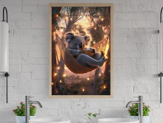 Koala in Hammock Holding Coffee at Sunset With String Lights Poster