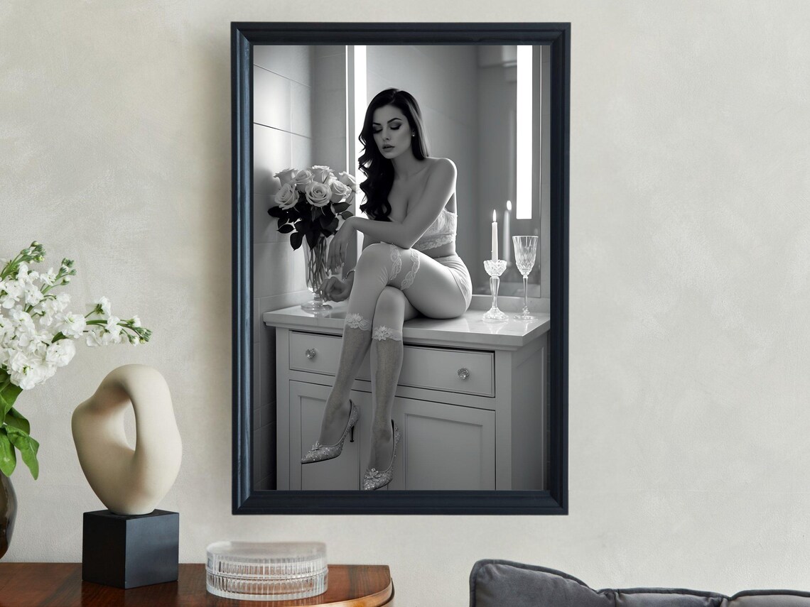 Woman in Lace Lingerie Sitting on a Bathroom Vanity at Night Poster - Image 4