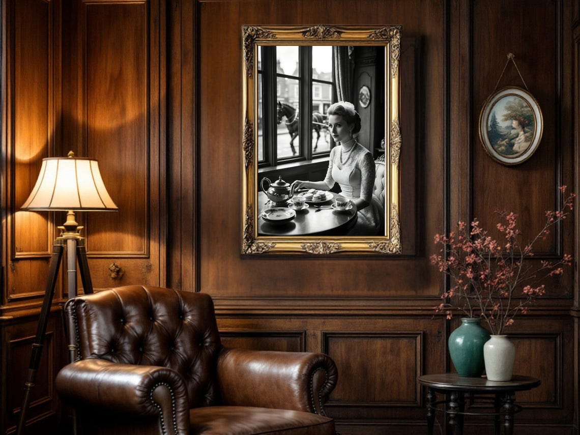 Woman with Pearls Taking Tea, Vintage Cafe Window Scene Poster - Image 5