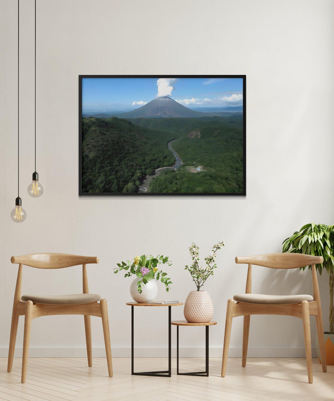 Smoking Volcano Above a Green Forest with a Winding River Poster - Image 2