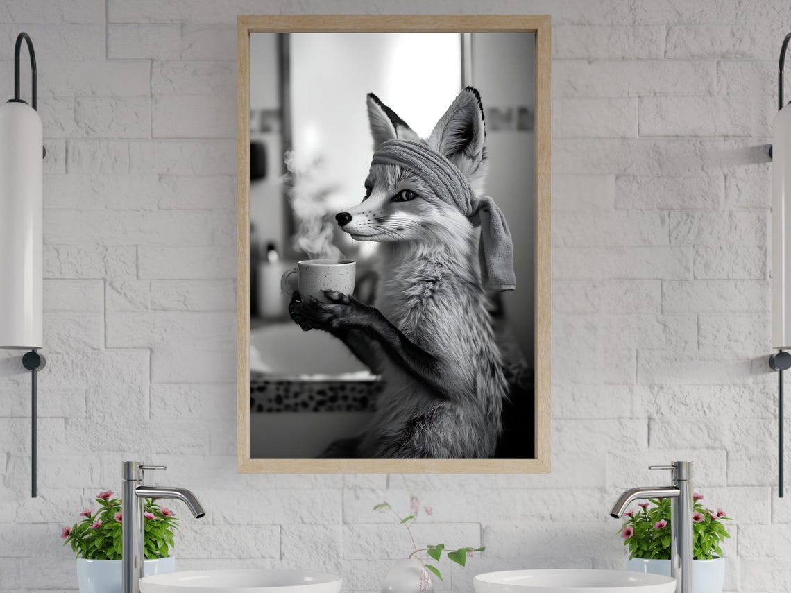 Fox With a Head Towel Holding a Steaming Cup of Coffee Poster