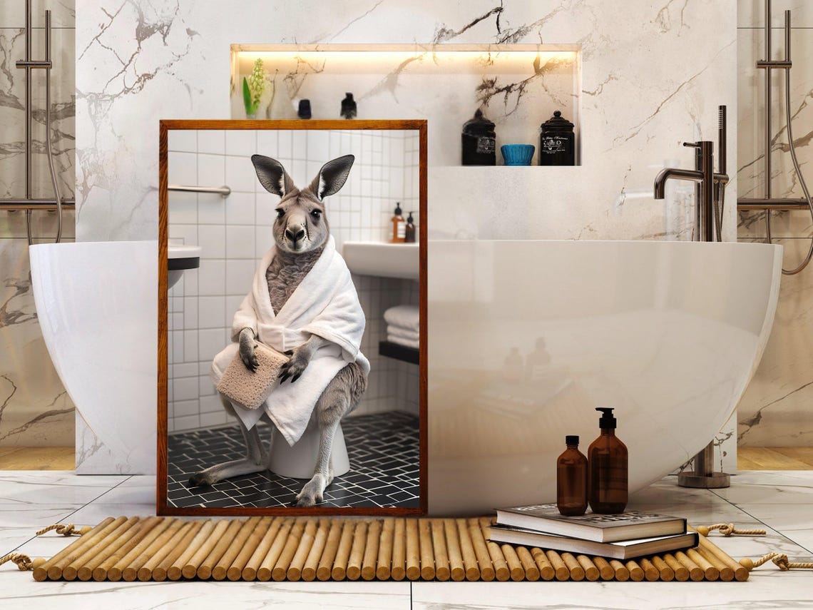 Kangaroo in a Bathrobe Sitting on a Toilet Holding a Sponge Poster - Image 5