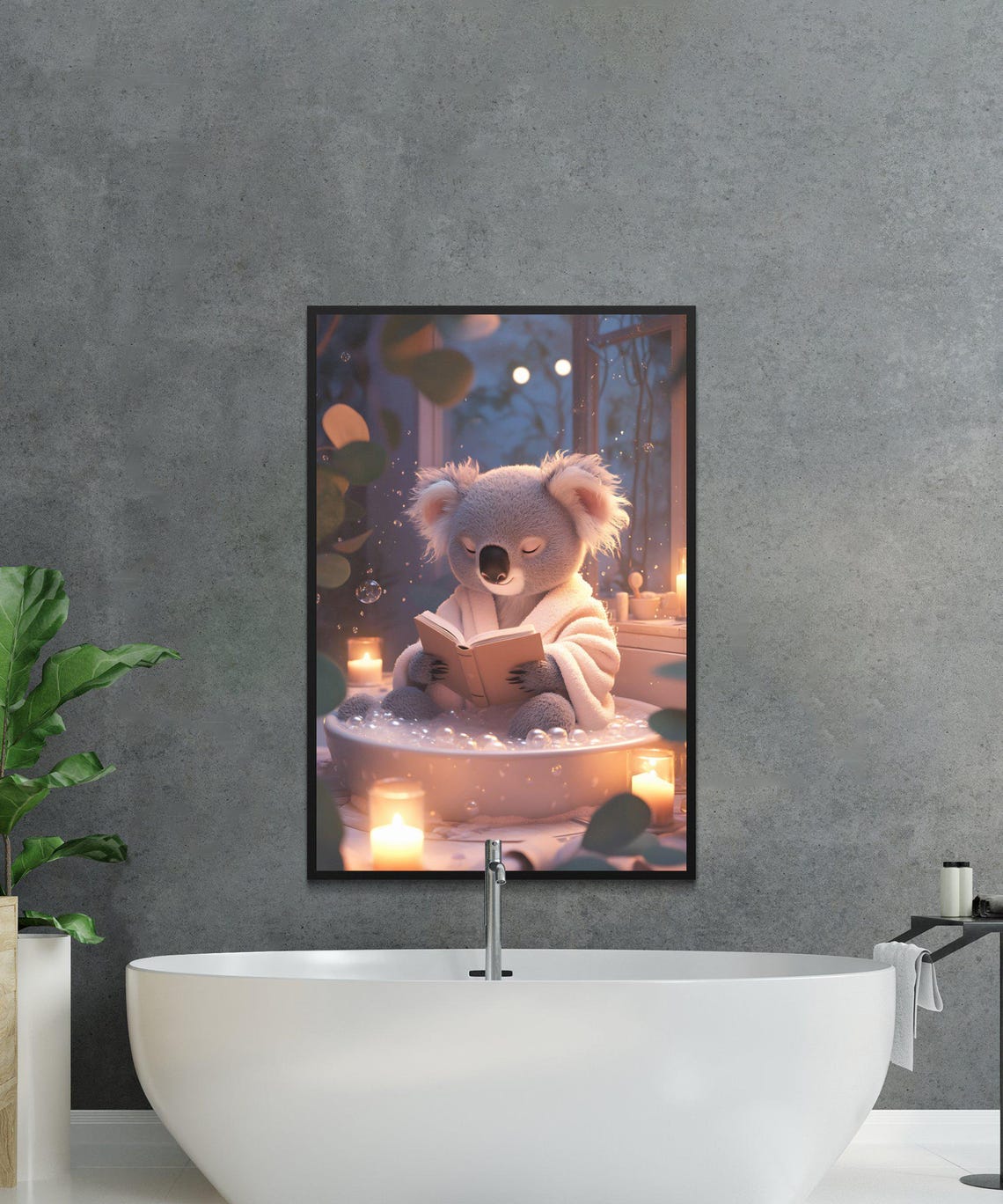 Cozy Koala Reading a Book in a Candlelit Evening Bubble Bath Poster - Image 2