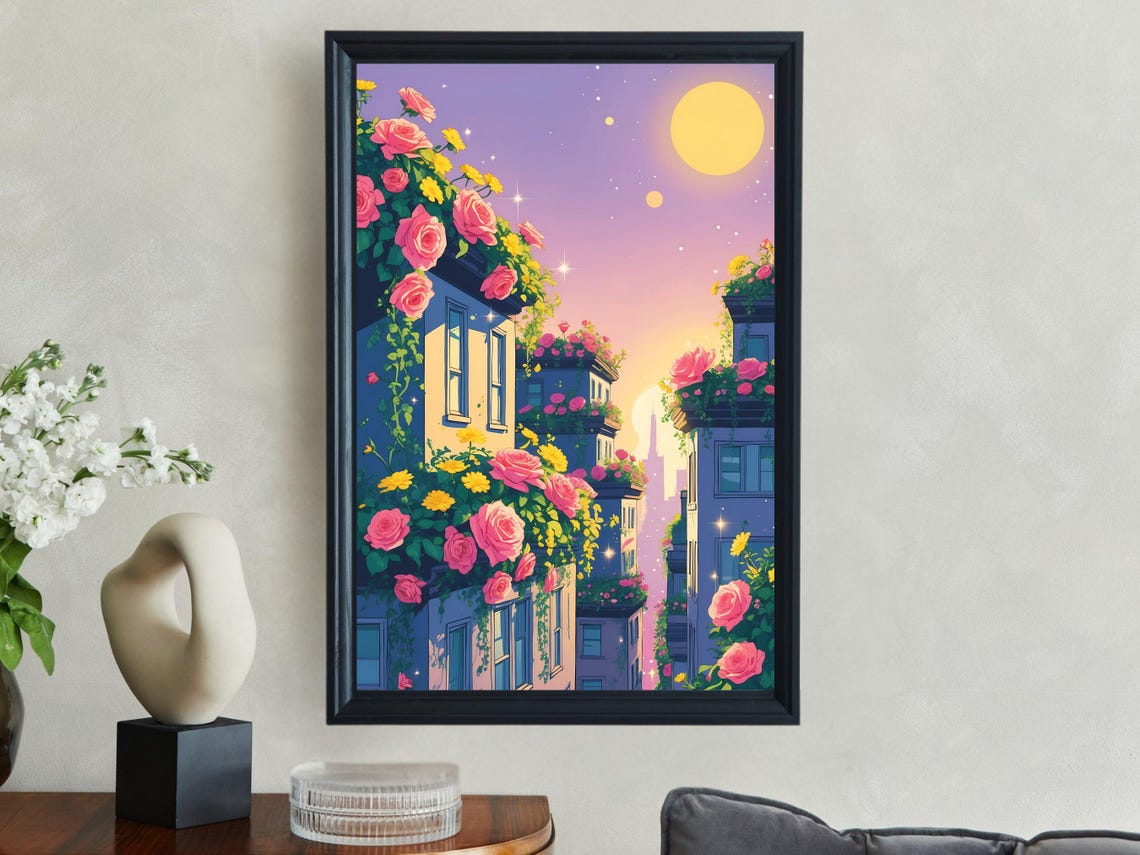 Dreamy Rose Covered City Sunset Skyline Fantasy Urban Art Print