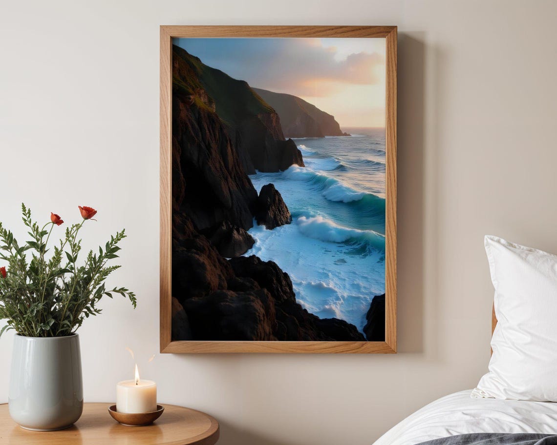 Dramatic Dark Rocky Ocean Cliffs at Sunset With Teal Waves Poster