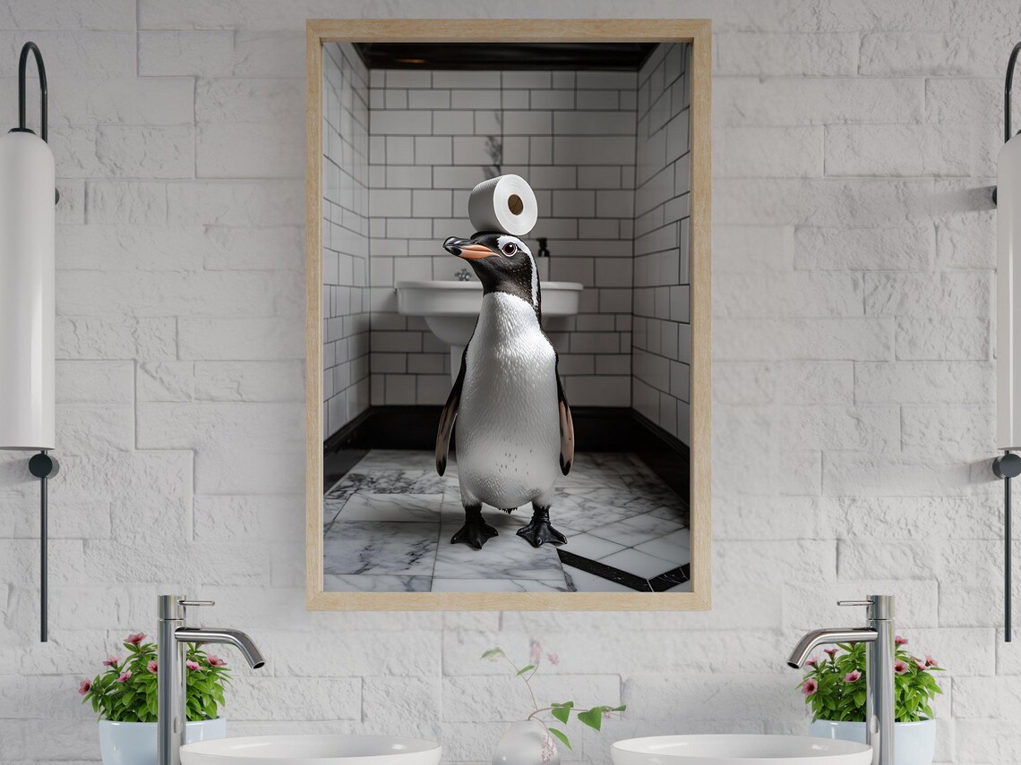 Penguin Balancing Toilet Paper On Head Funny Bathroom Animal Poster