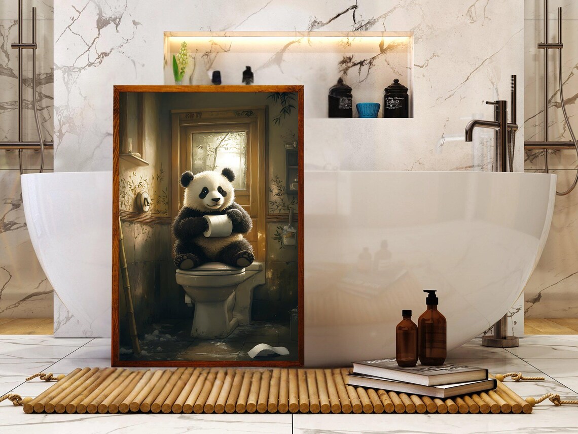 Cute Panda Sitting On Toilet Holding Toilet Paper Funny Poster - Image 5