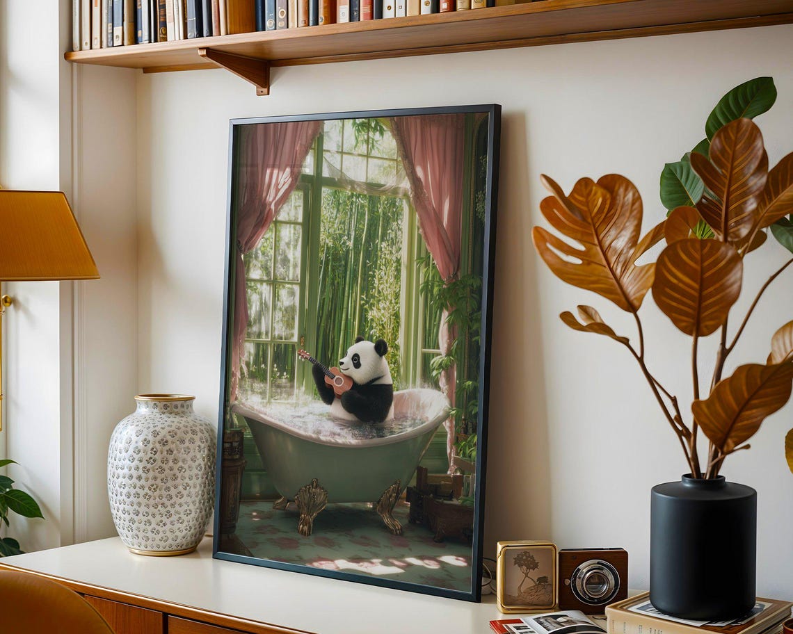 Panda Playing Ukulele in a Green Bathtub with Bamboo View Poster - Image 4