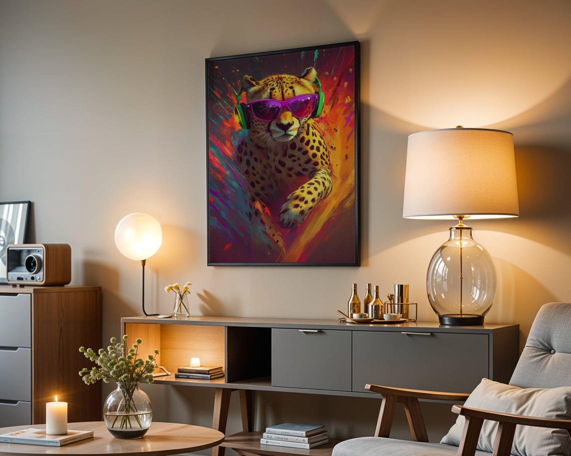 Cool Cheetah in Neon Sunglasses and Headphones Sprinting Poster - Image 3