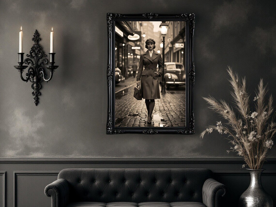 Woman In Trench Coat On A Rainy Wet Cobblestone Street Poster - Image 4