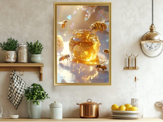 Golden Honey Bee Art Print Jar Of Honey With Bees Poster Kitchen Decor Nature Photography Wall Art Honeycomb Home Decor Gift Idea