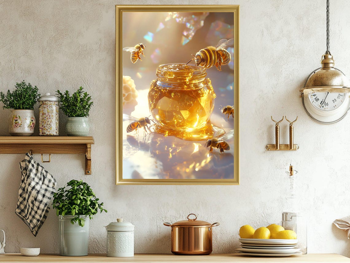 Golden Honey Bee Art Print Jar Of Honey With Bees Poster Kitchen Decor Nature Photography Wall Art Honeycomb Home Decor Gift Idea