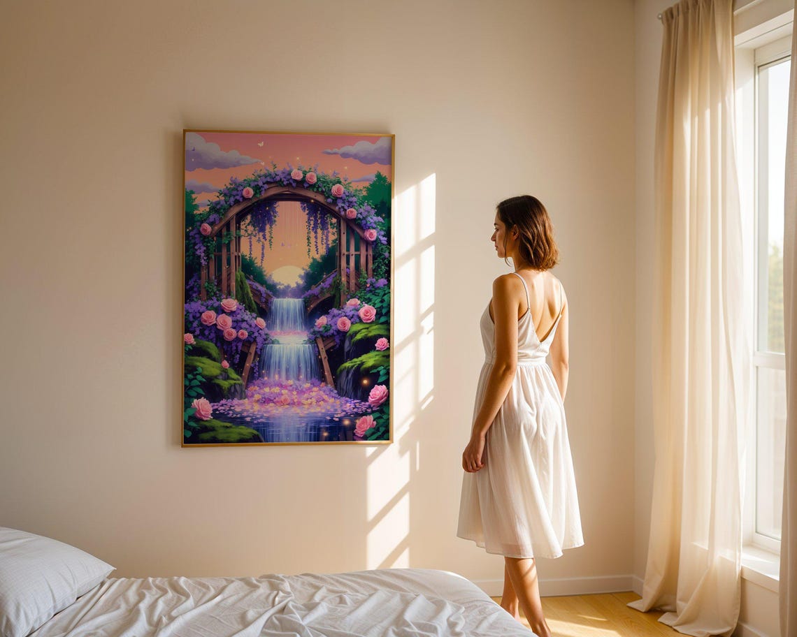Floral Archway Waterfall Sunset Wisteria Rose Evening Art Print - Image 4