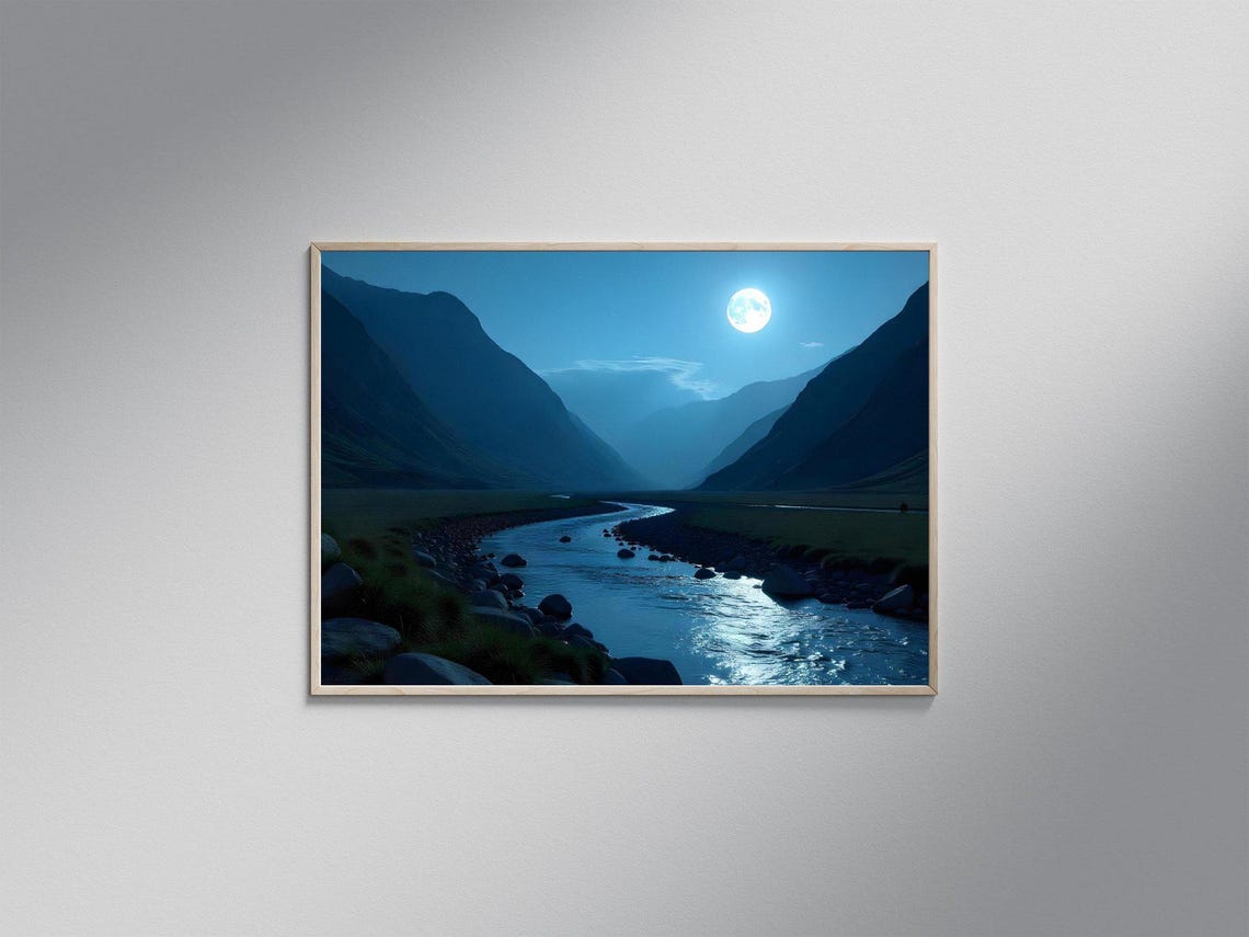 Moonlit Mountain River Scene Tranquil Night Landscape Art Serene Nature Wall Decor Blue Night Sky Print Scenic Mountain View