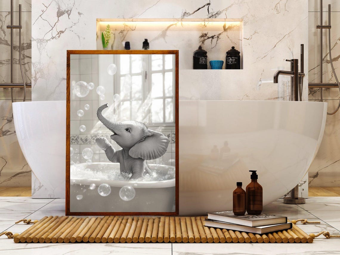 Baby Elephant Playing With Bubbles in a Big White Tub Poster - Image 5