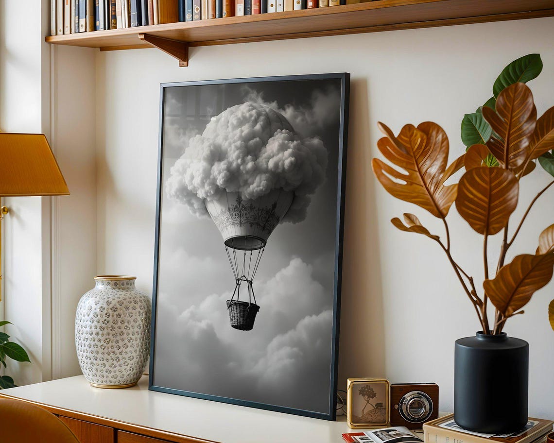 Dreamy Cloud Balloon Surreal Monochrome Hot Air Adventure Poster - Image 2