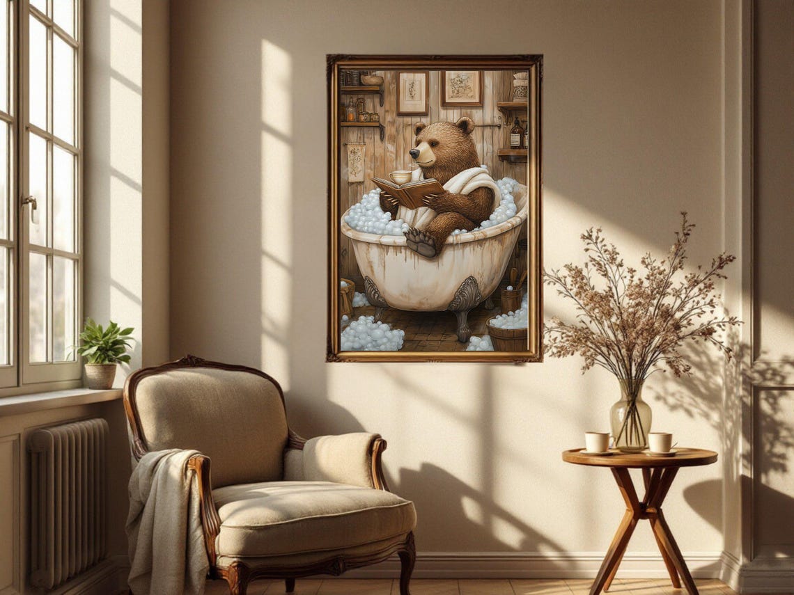 Brown Bear Reading a Book in a Clawfoot Bubble Bath With Tea Poster - Image 4