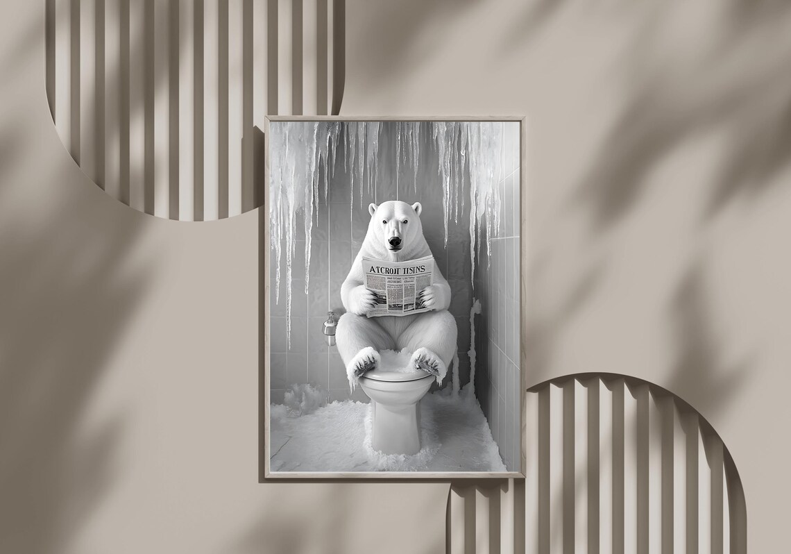 Funny Polar Bear Reading a Newspaper on the Toilet in Icy Bathroom Poster