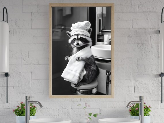 Raccoon in a Towel Turban After a Bath Black and White Poster