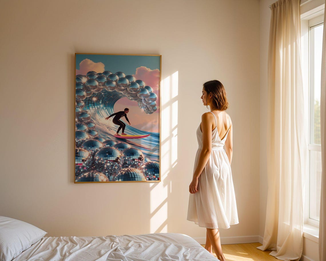 Surfer Riding Giant Disco Ball Wave Pink Sunset Ocean Surfing Poster - Image 3