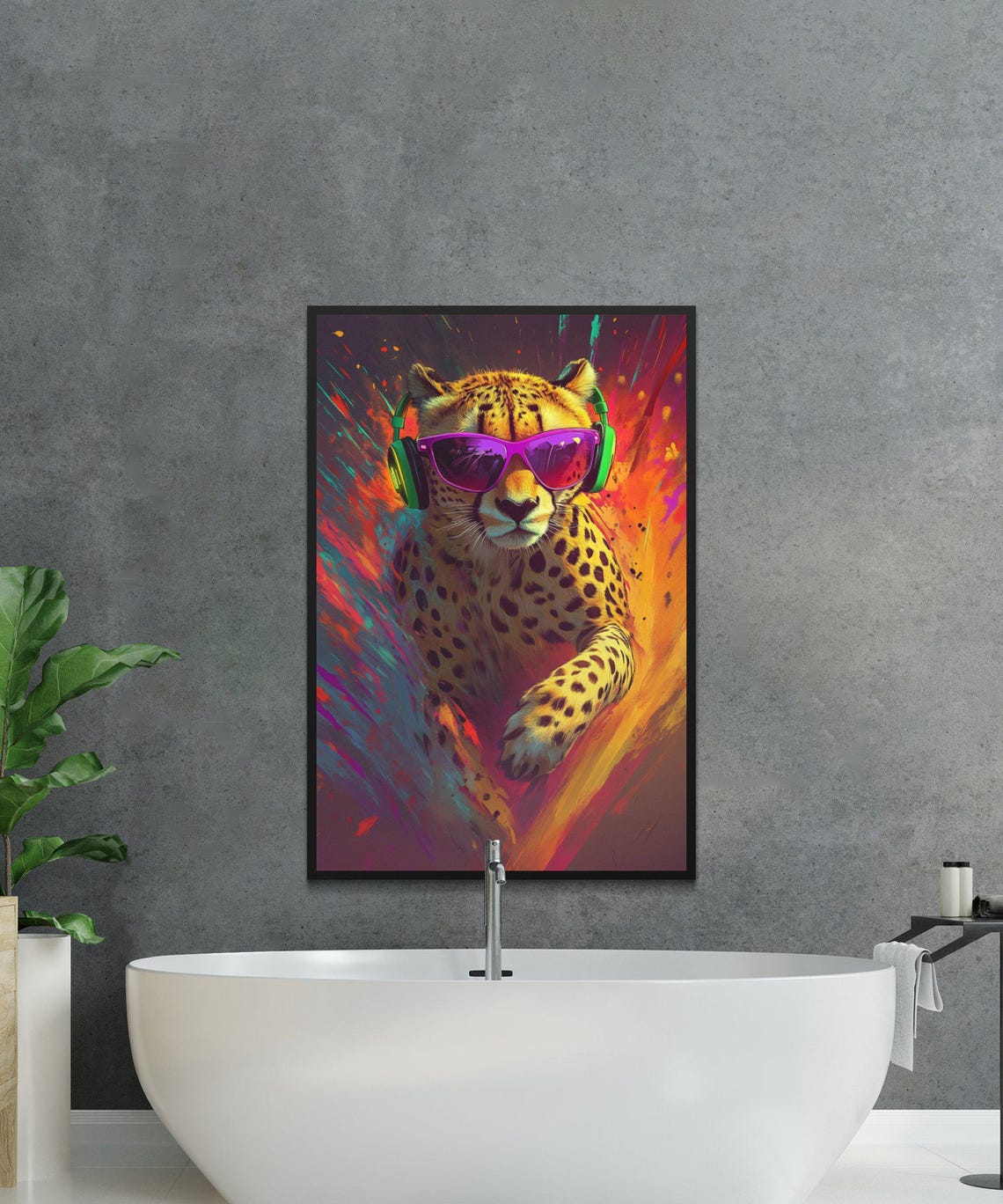Cool Cheetah in Neon Sunglasses and Headphones Sprinting Poster - Image 4