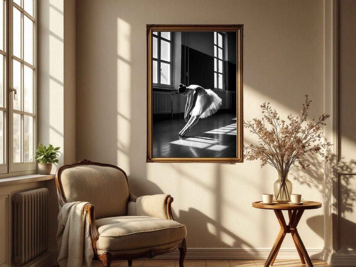 Ballerina in Tutu Rehearsing in Sunlit Studio, Black and White Poster - Image 2