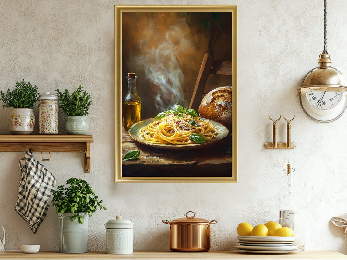 Steaming Spaghetti with Fresh Basil Rustic Italian Kitchen Poster