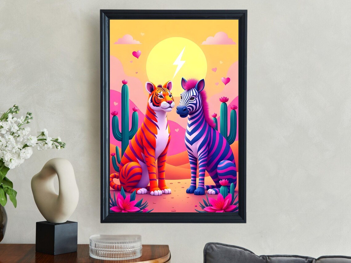 Colorful Tiger and Zebra Friends at Sunset Desert Cactus Art Poster