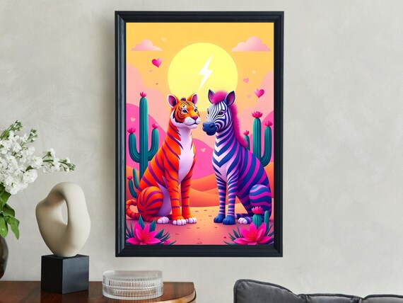 Colorful Tiger and Zebra Friends at Sunset Desert Cactus Art Poster