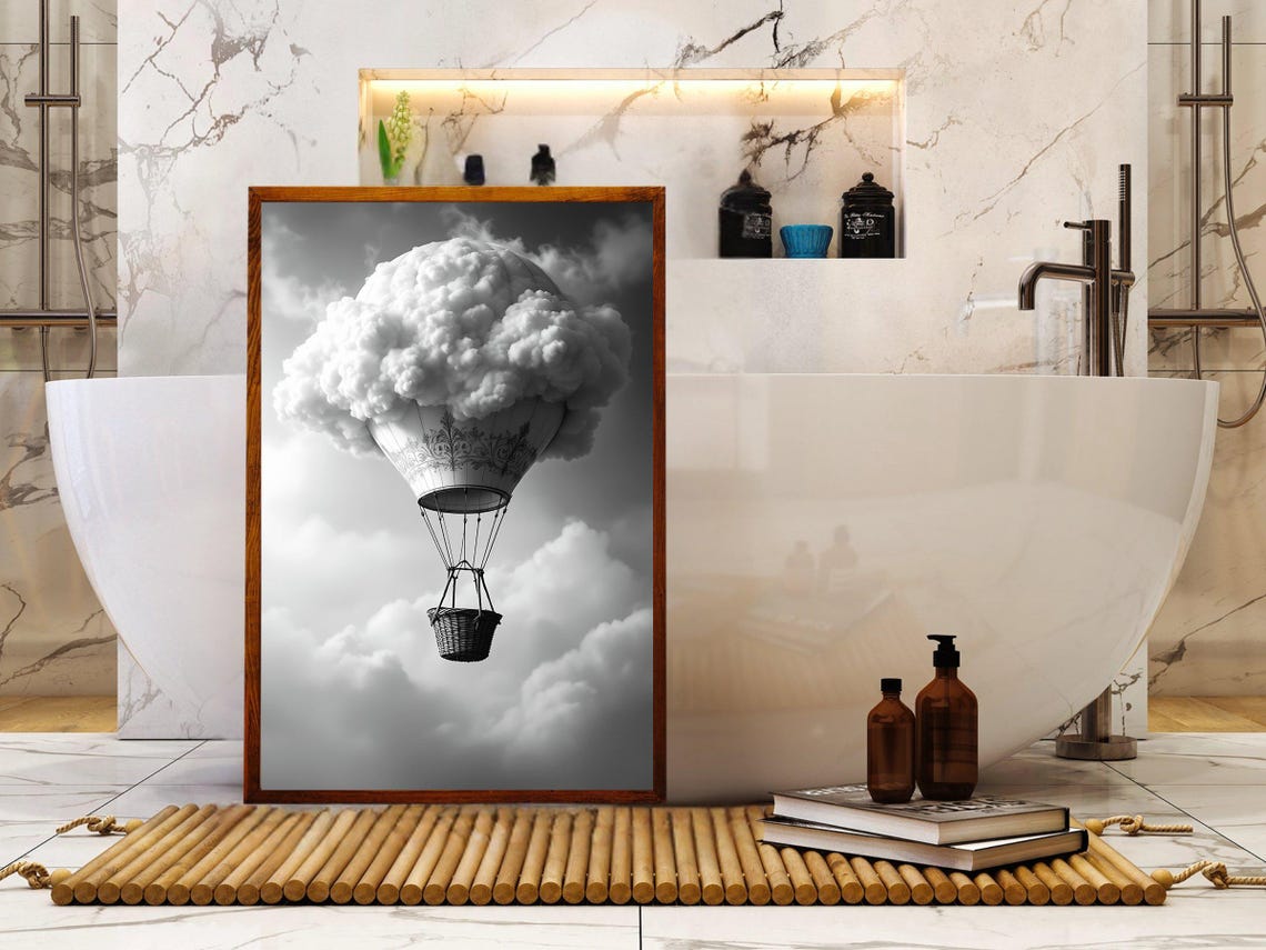 Dreamy Cloud Balloon Surreal Monochrome Hot Air Adventure Poster - Image 4