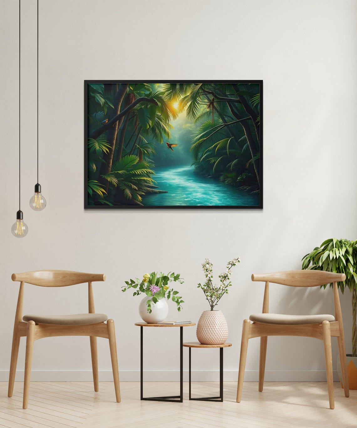 Sunlit Tropical Jungle River with Birds in a Lush Green Forest Poster - Image 2