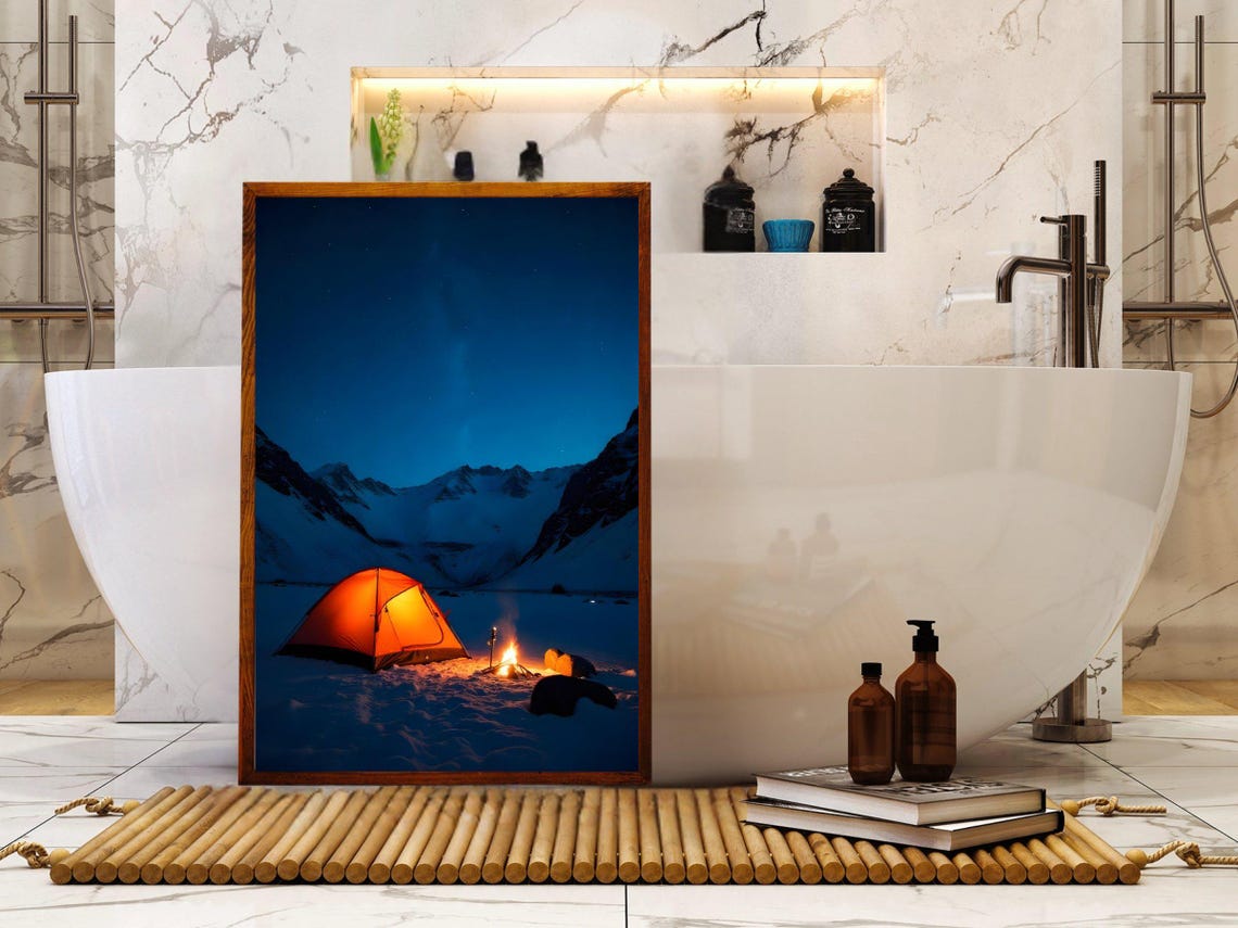 Stunning Mountain Camping Night Scene Wall Art Print Glowing Tent Under Starry Sky Wilderness Adventure Decor Nature Lover Gift - Image 4