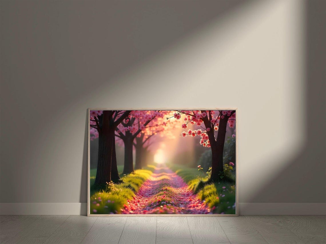 Cherry Blossom Pathway at Sunrise Covered in Fallen Pink Petals Poster - Image 5