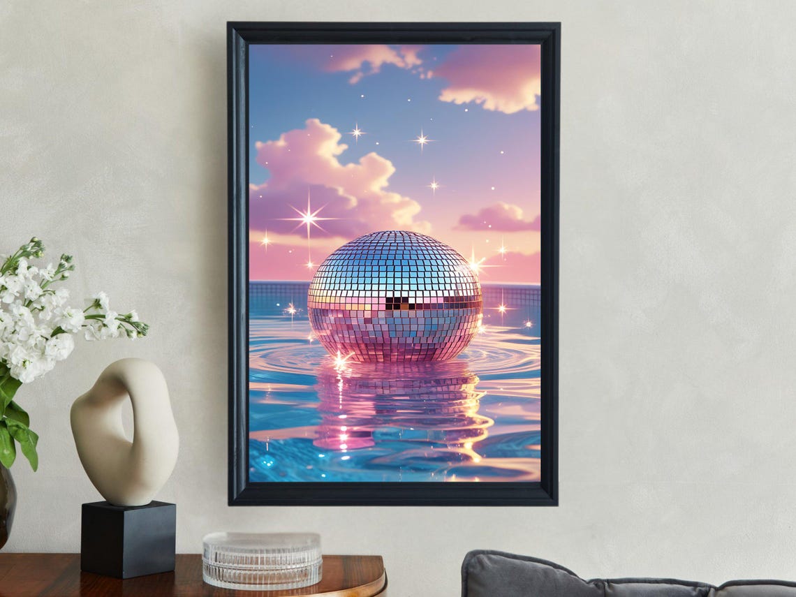 Retro Sunset Disco Ball Art Print Reflective Mirror Ball Wall Decor Colorful Sunset Sky Print Sparkling Poolside Poster