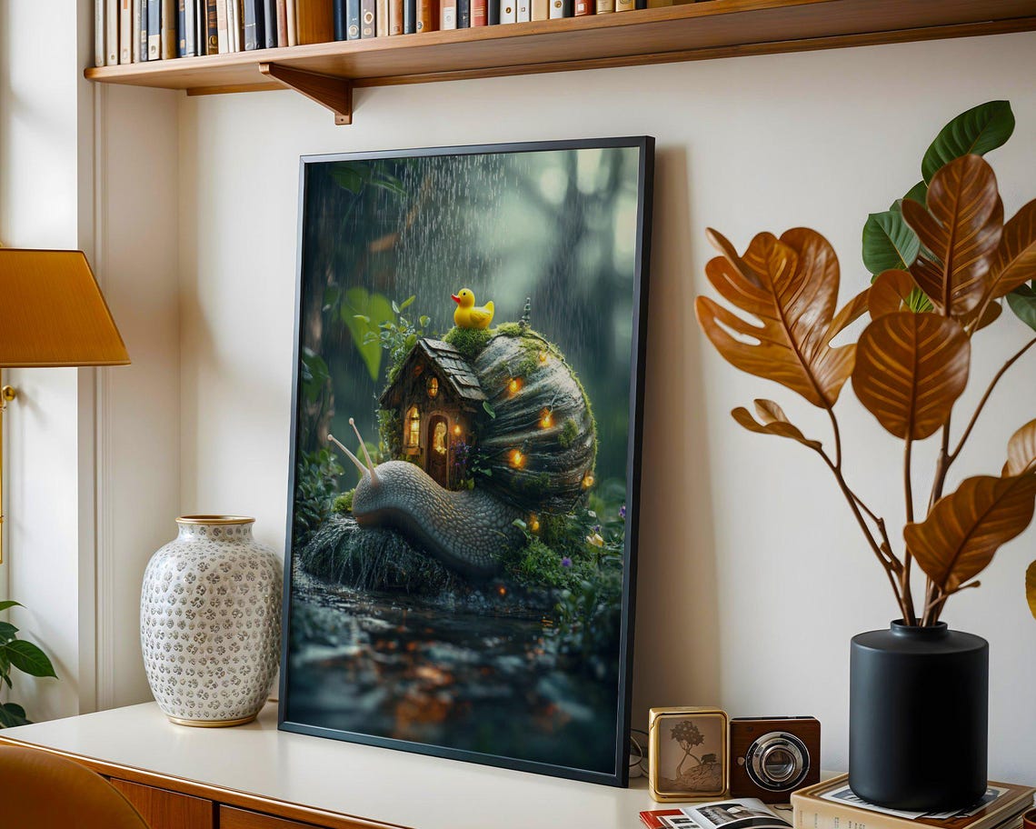 Giant Snail Carrying a Glowing Cottage in the Rain Fantasy Poster - Image 4