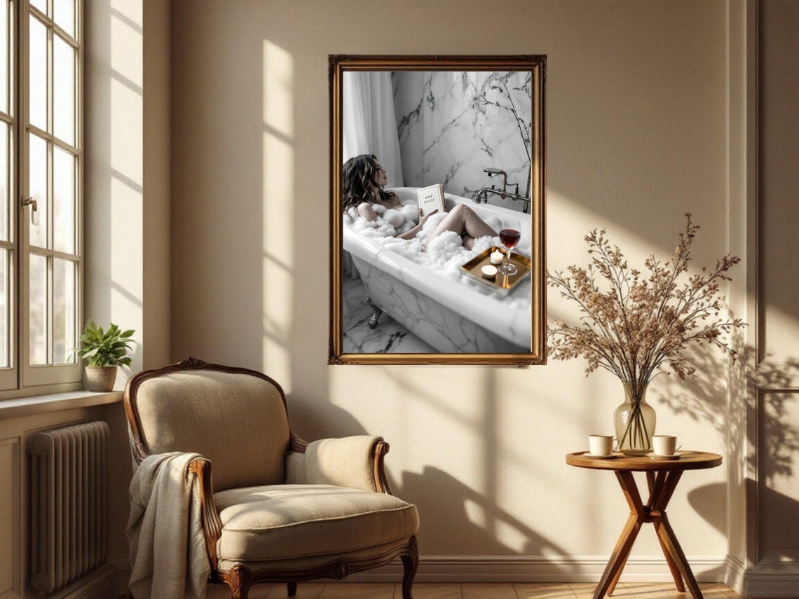 Woman Reading In A Bubble Bath With Wine And Candle Tray Poster - Image 5