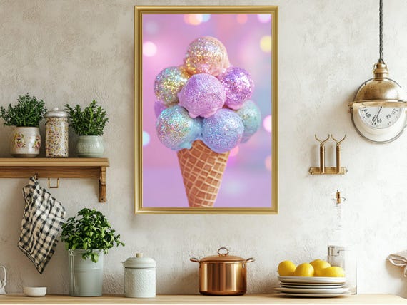Sparkly Ice Cream Cone Wall Art Pastel Pink Glitter Print Fun And Colorful Ice Cream Poster Cute Pastel Room Decor