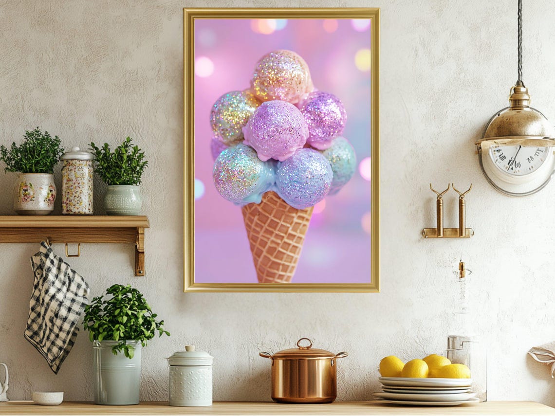Sparkly Ice Cream Cone Wall Art Pastel Pink Glitter Print Fun And Colorful Ice Cream Poster Cute Pastel Room Decor